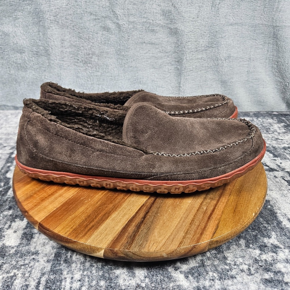 LL Bean Mens Mountain Slippers Size 11 Brown Suede Fleece Lined Moccasin Loafers